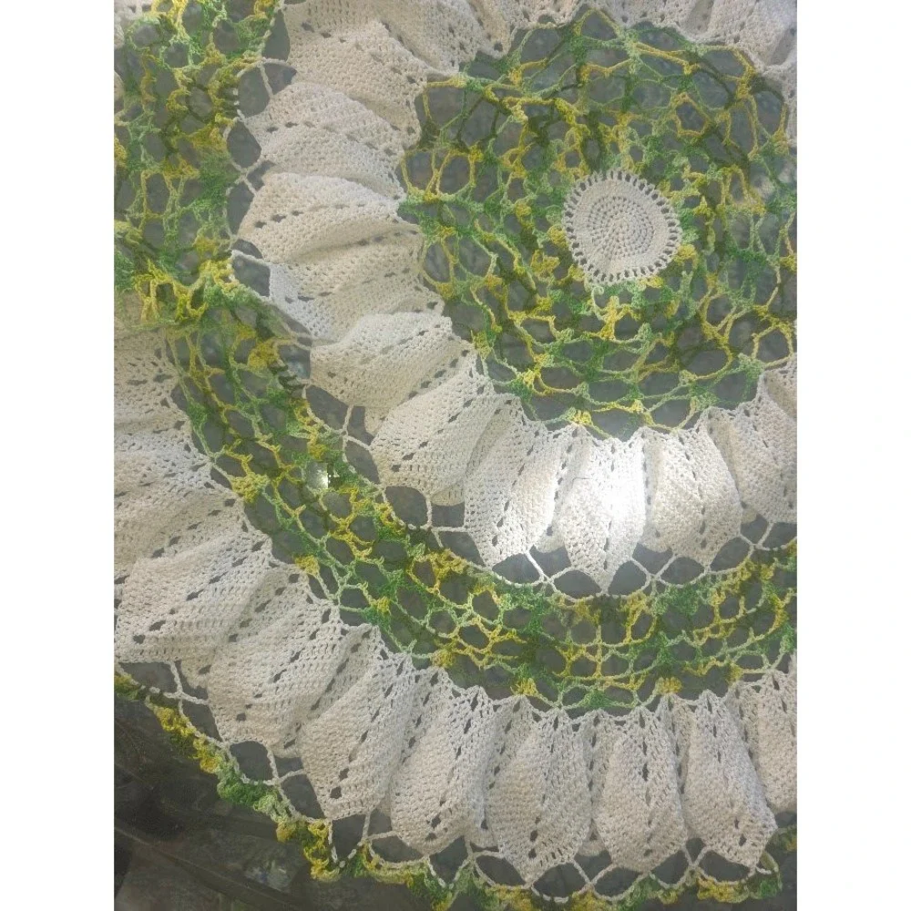 Vintage Handmade Crochet Round Doily Tablecloth White Green Yellow